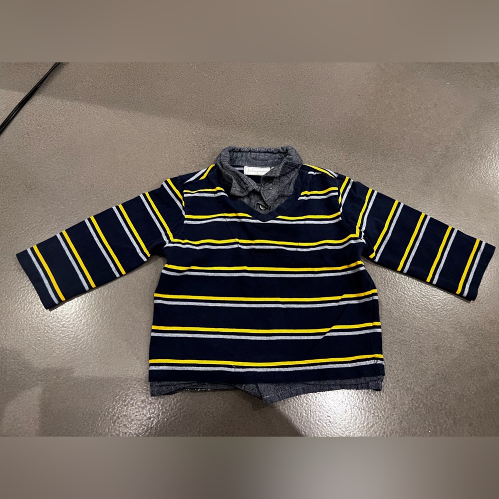 First Impressions mock button down shirt navy and yellow stripe 12 months